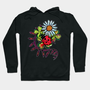 Red ladybug and white daisies on clover leaves Hoodie